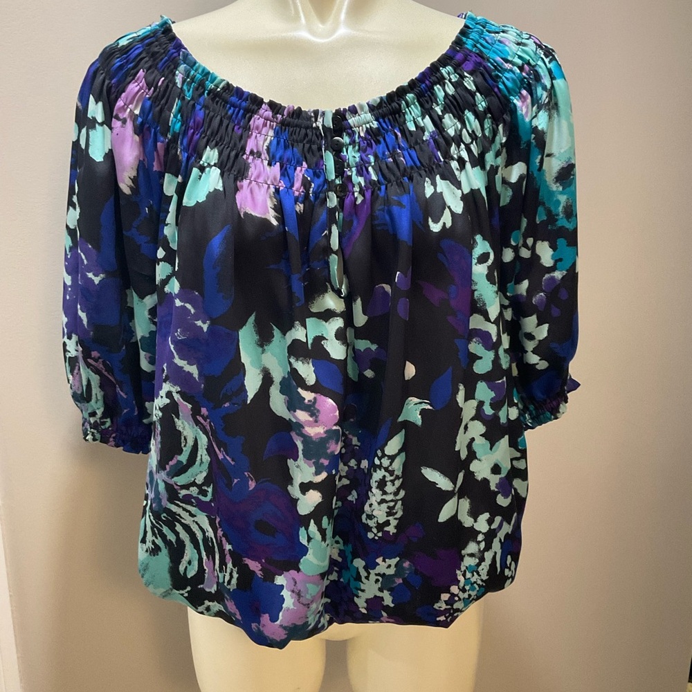Violet & Claire Black Off-Shoulder Blouse with Teal & Purple Floral Print